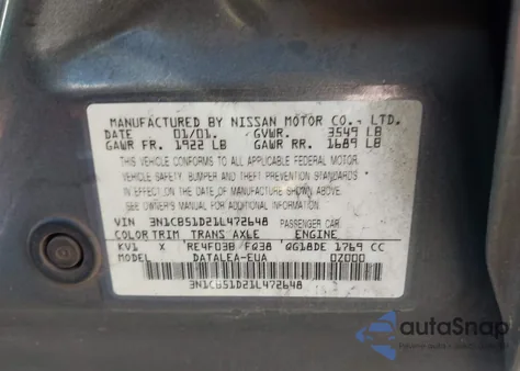 2001 Nissan Sentra Gxe из США, поврежденный, VIN 3N1CB51D21L472648